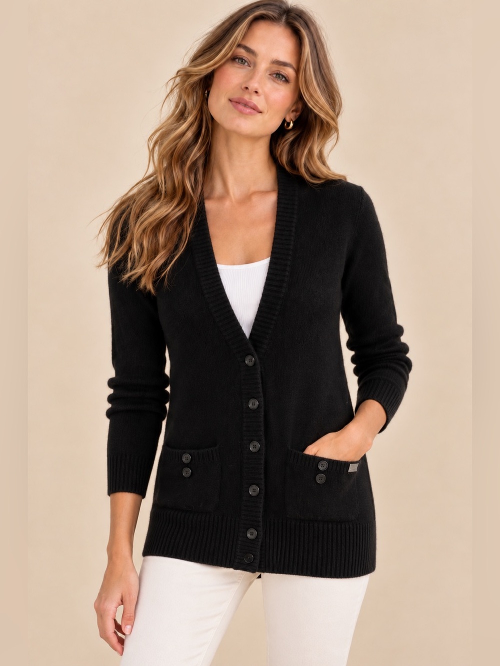 Roxy Black Angora Rabbit Hair Blend Hooded Longline Button Detail Sweater Medium